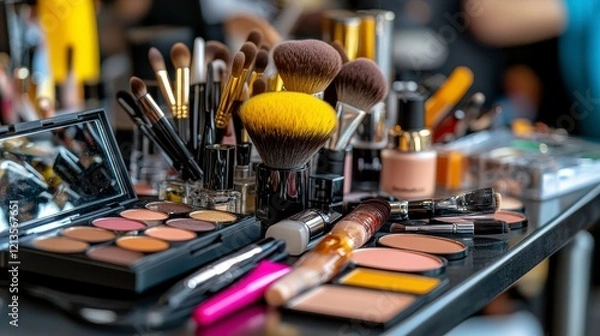 Obraz Vibrant makeup setup featuring brushes, palettes, and cosmetics on a table at a beauty event