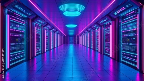 Fototapeta Metaverse-themed neon background with dynamic blue and pink elements, representing cyber communication, innovation, and AI-powered tech advancements.
