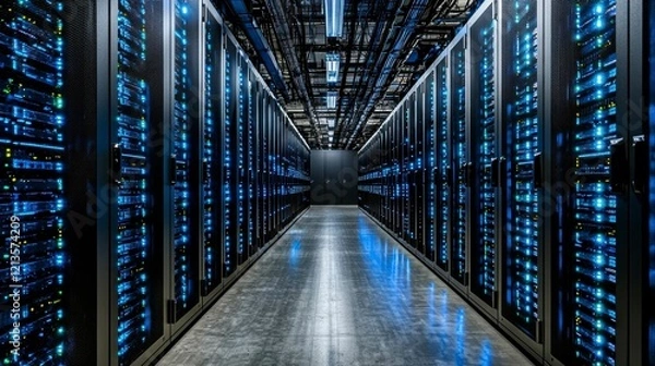 Fototapeta A futuristic server room background showing neatly arranged server racks with active lights and cooling units, emphasizing the efficiency and security of modern data centers.