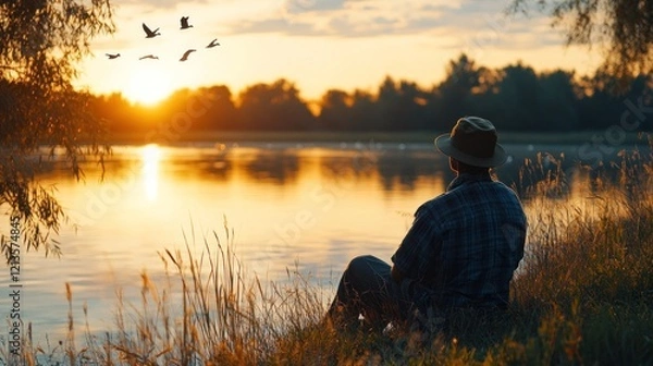 Fototapeta A fisherman enjoying a peaceful sunset by the lakeshore, with a gentle breeze rustling through the tall grass and distant geese flying south. 