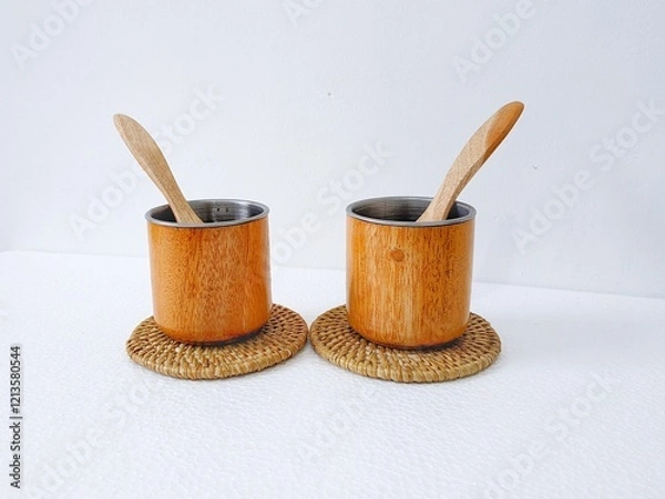 Fototapeta handicrafts from leftover wood in the form of glasses and cups. Aesthetic wooden glasses are suitable for cafes, restaurants and homes. on a white background