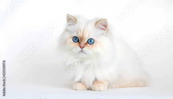 Fototapeta A cute white Persian cat with a fluffy kitten sitting together on a white background, showcasing their adorable blue eyes