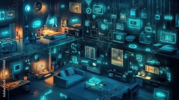 Obraz Smart home network, digital apartment, IoT, night scene, futuristic technology, connectivity illustration