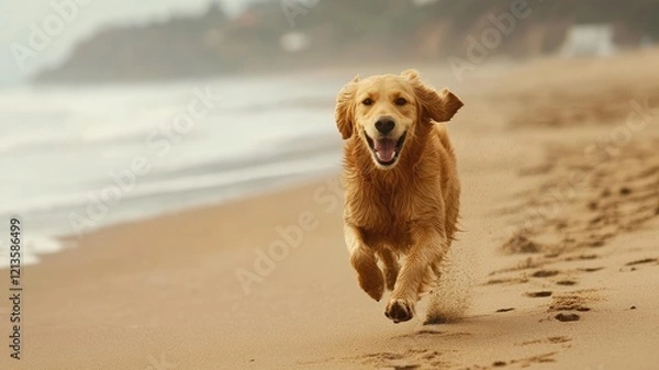 Obraz Happy golden retriever running on beach, joyful