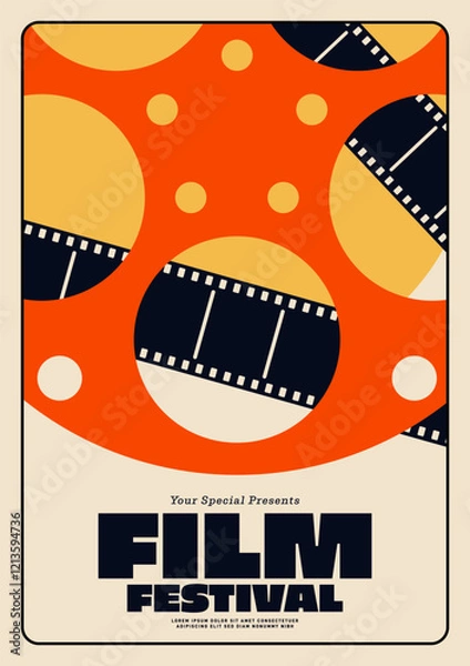 Obraz Movie festival poster template design minimal vintage retro style with film reel and filmstrip isolated on beige color background