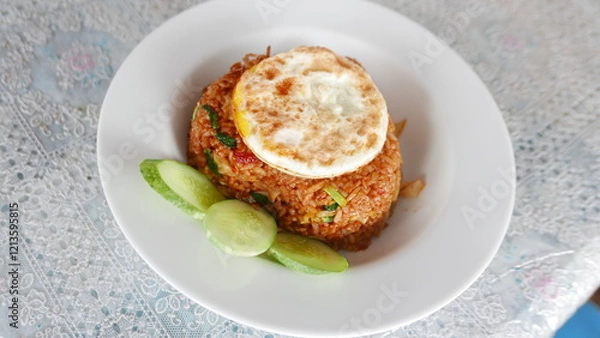 Obraz A food called fried rice with cucumber and eggs typical of Asia with a traditional recipe