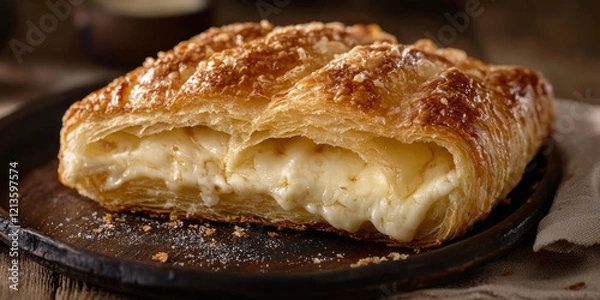 Fototapeta A close up of an oversized, flaky croissant filled with creamy cheese, set on a dark wooden plate, generative AI