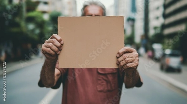Fototapeta A protestor in the city holds up a blank cardboard sign, emphasizing the call for action in the ongoing movement for social justice