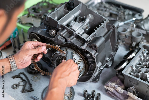 Fototapeta Maintenance of clutch plate replacement by technician, engineer is removing the clutch plate to measure clearance or replace it.