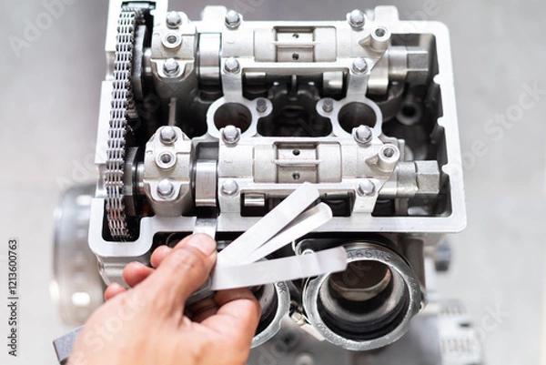 Fototapeta Fix valve clearance, Setting valve clearance using a feeler gauge to measure clearance to replace valve shims to the correct clearance.