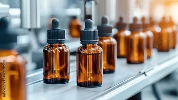 Obraz A production line of amber glass bottles, typically used for essential oils or liquids, arranged neatly on a conveyor belt.