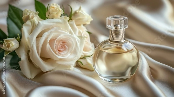 Fototapeta A delicate perfume bottle beside soft roses on satin fabric, evoking elegance and romance.