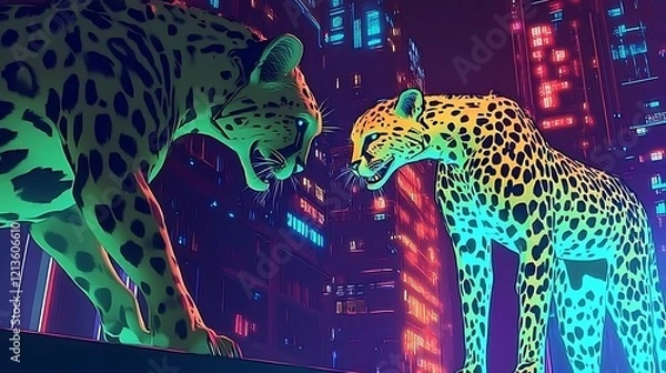 Fototapeta Neon cheetah and giraffe locked in a digital battle in a glowing cyberpunk city