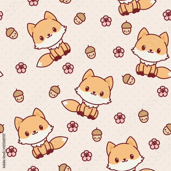 Fototapeta Kawaii fox seamless wallpaper. Vector pattern.