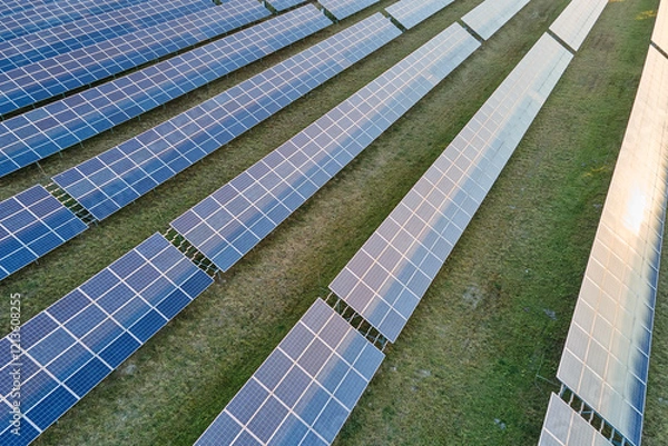 Fototapeta Aerial view of large sustainable electrical power plant with rows of solar photovoltaic panels for producing clean ecological electric energy. Renewable electricity with zero emission concept