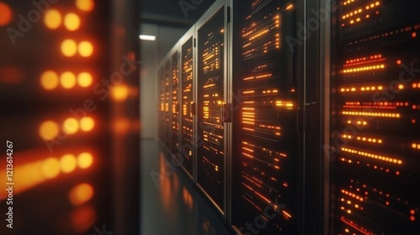 Fototapeta Data center server room, illuminated racks, networking, processing, background lights, technology