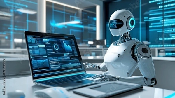 Fototapeta robotic office assistant, interactive hologram dashboard, clean modern workspace, blue tech ambiance, floating information panels, sleek laptop setup, digital workspace visualization, corporate