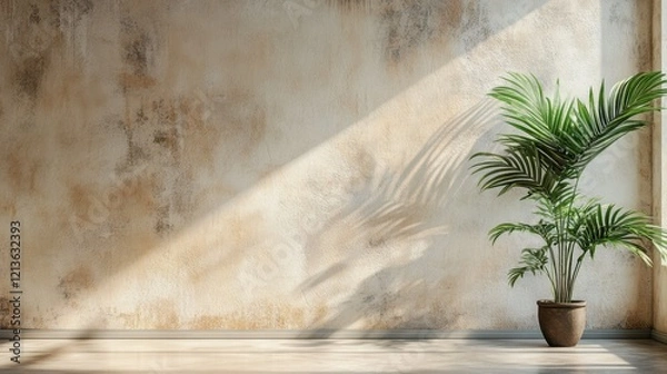 Fototapeta A room with a stucco wall and a potted plant serves as interior background in stock photo