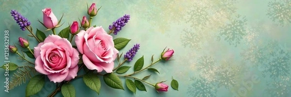 Obraz Beautiful floral arrangement with pink roses and lavender on a textured green background.