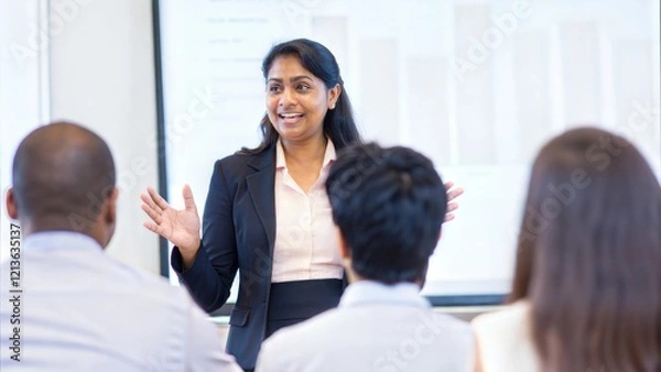 Fototapeta "Indian HR Professional Conducting Orientation"
An Indian HR manager addressing a group of new hires with a welcoming gesture.