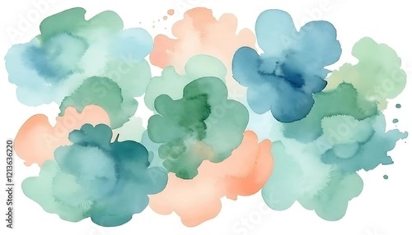 Fototapeta Abstract Watercolor Paint Splashes in Pastel Greens and Blues