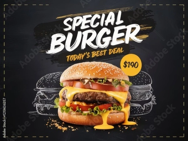 Fototapeta The 'Special Burger' text with a subtle chalkboard texture, displayed prominently at the top in bold, white, and yellow font with a brushstroke effect ai generated