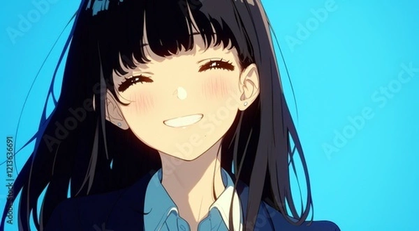 Fototapeta Cheerful young woman with long black hair smiling against a blue sky, representing happiness and positivity in a professional or casual setting