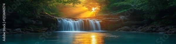Obraz Golden sunrise illuminates a serene waterfall cascading into a tranquil pool within a lush jungle.