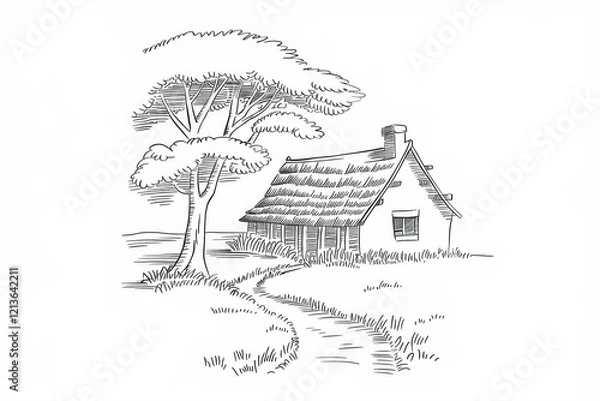 Fototapeta A Rustic Cottage Beside a Large Tree and Path