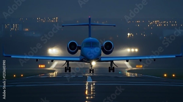 Obraz Blue plane taking off, subtle reflections under atmospheric lighting