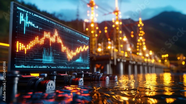 Fototapeta Digital graph displaying data trends near hydroelectric facility at dusk, with illuminated structures reflecting on water, creating vibrant and dynamic atmosphere