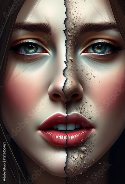 Obraz Dual Face: A Striking Portrait of Beauty and Decay