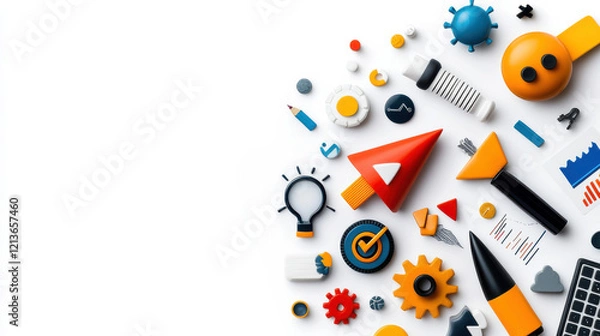 Fototapeta Colorful digital marketing and technology tools arranged creatively. This features various icons and symbols representing analytics, strategy, and innovation, evoking sense of creativity and
