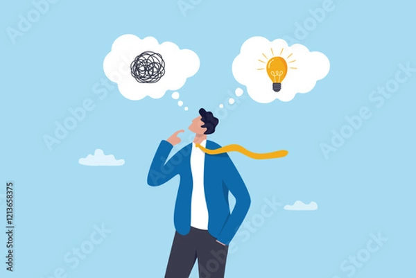 Fototapeta Problem solving, solution or strategic thinking, creativity to solve frustrated problem, contemplation on messy issue, opportunity discovery, businessman thinking with mess problem and lightbulb idea.