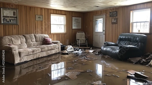 Fototapeta Flooded basement in home after sewer damage, flooded 