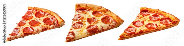 Fototapeta Set of three delicious pepperoni pizza slices with melted cheese and crispy crust isolated on transparent background PNG cutout.