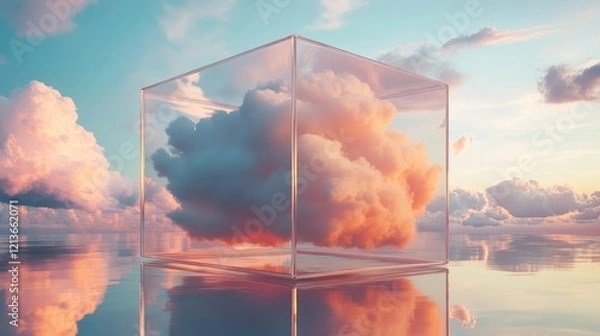 Fototapeta Creative cloud concept in glass cube. Cloudscape digital metaverse infrastructure.