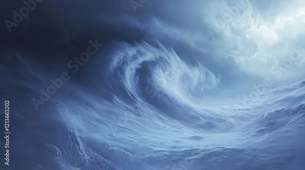 Fototapeta A dramatic, swirling wave of clouds against a dark blue sky, creating a sense of power and chaos.