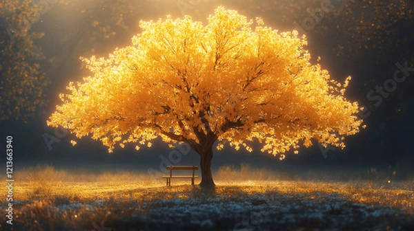 Fototapeta Golden Tree with a Bench
