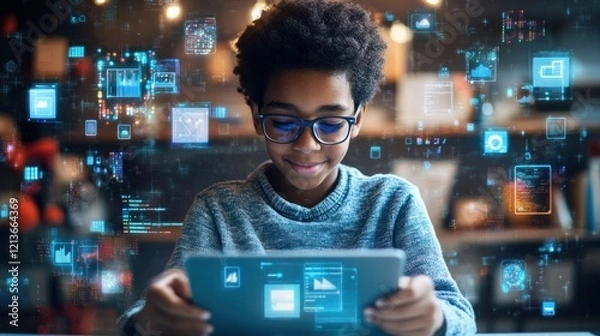 Fototapeta Boy uses tablet, digital data, home, learning