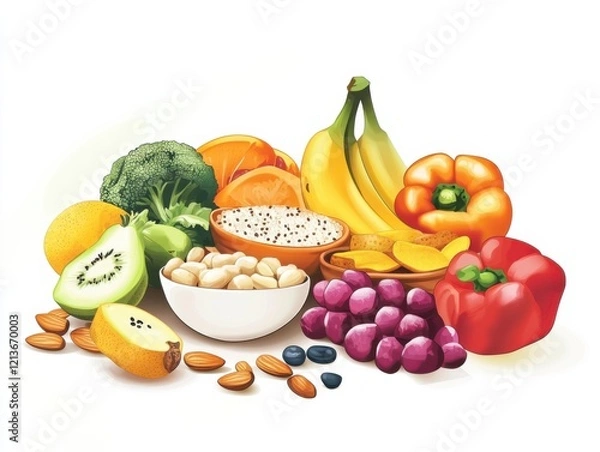 Fototapeta An inviting scene of a high-fiber snack, featuring fruits, vegetables