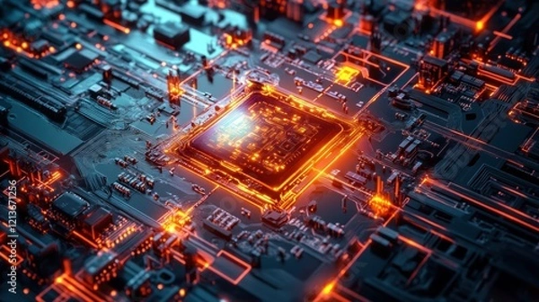 Fototapeta Glowing CPU in Motherboard, Circuitry Close-up