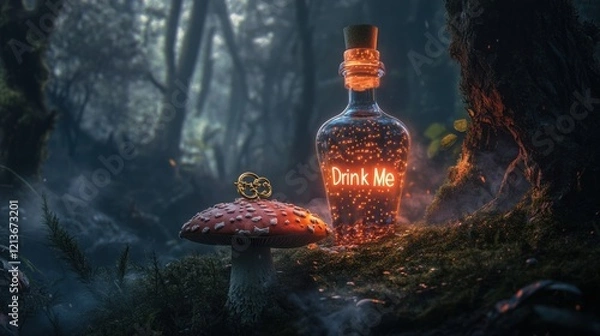 Fototapeta A mysterious Wonderland scene with a glowing "Drink Me" bottle, a golden key resting on a mushroom, and misty forest surroundings.