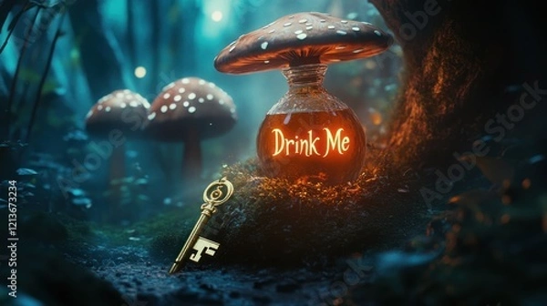 Fototapeta A mysterious Wonderland scene with a glowing "Drink Me" bottle, a golden key resting on a mushroom, and misty forest surroundings.
