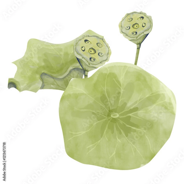Obraz Watercolor Lotus Illustration: Large Leaves and Seed Pods, Ready-Made Template Composition for Printing, Web and Textiles