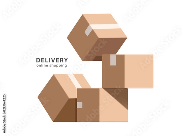 Fototapeta Parcel boxes or cardboard boxes are stacked one on top of the other for delivery or online shopping advertising design, vector 3d illustration isolated on white background