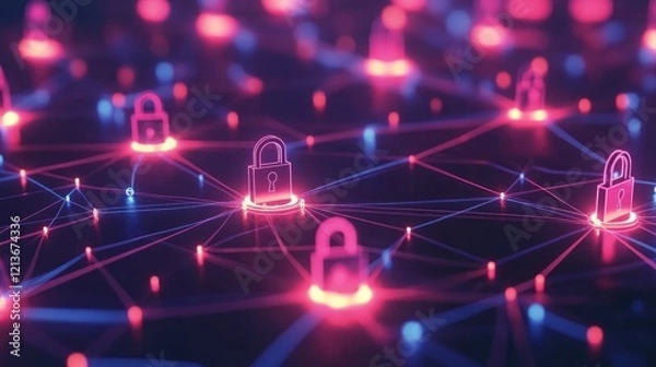 Fototapeta Cyber Security Concept Digital Network with Interconnected Nodes and Padlocks Representing Secure Data Flow