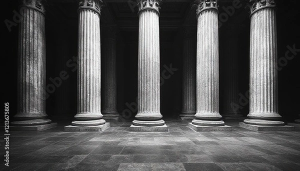 Fototapeta Grand Hall Illuminated Columns in Dark Interior