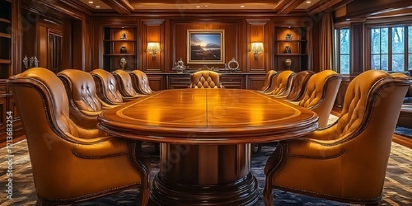 Obraz Luxurious conference room with mahogany table and leather chairs.