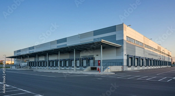 Obraz 広大な駐車場とトラックドックを備えた近代的な大型倉庫・物流センター - サプライチェーン、工業不動産、ロジスティクスの背景